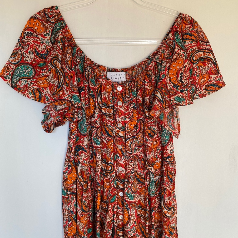 Margaux Riviera size XL off shoulder button front midi dress orange - Picture 3 of 13